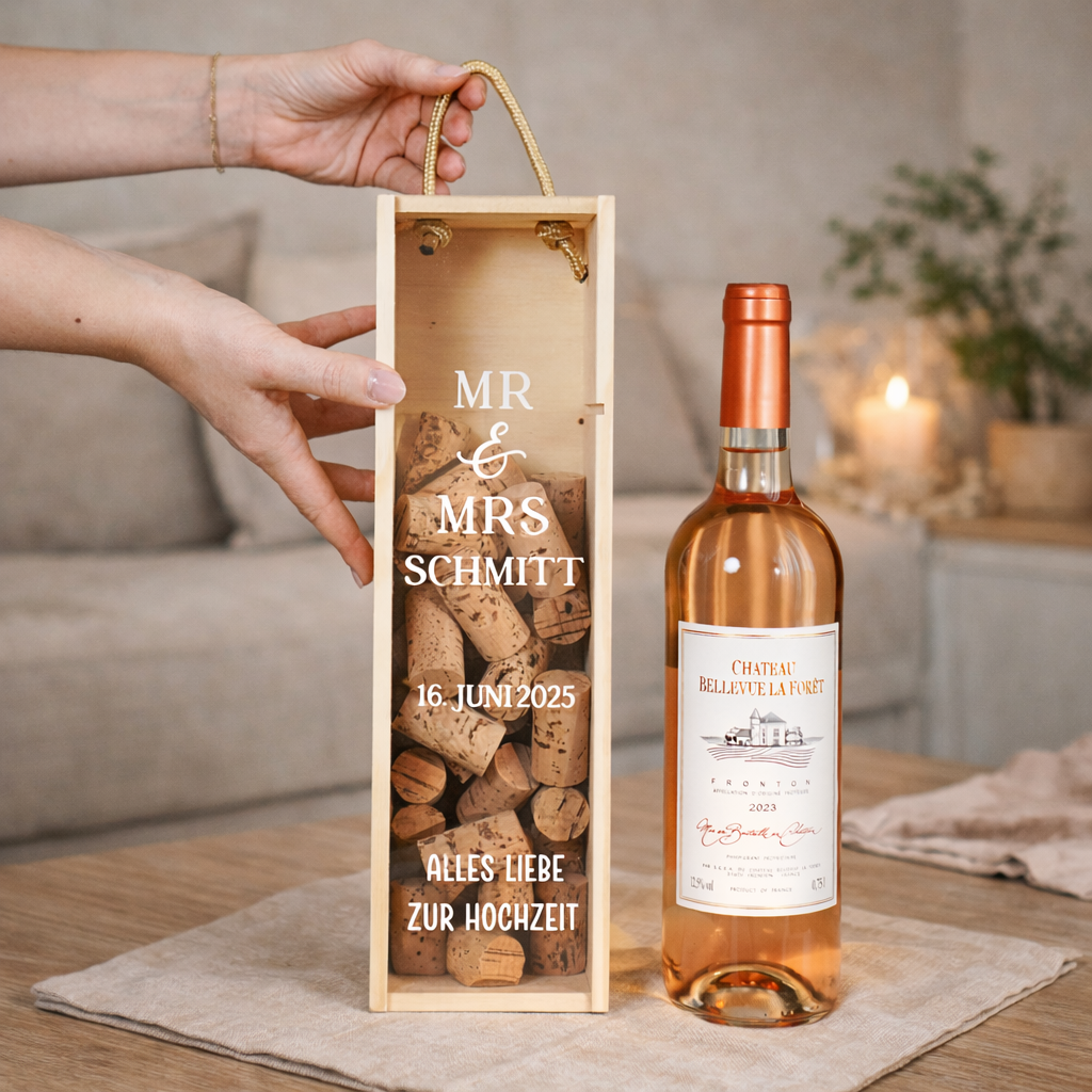 Weinbox "Mr & Mrs" mit Familiennamen + Datum - Hochzeitsgeschenk