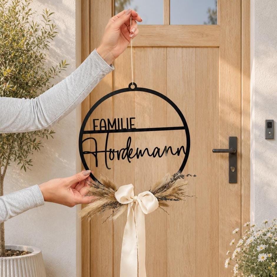 Familien Türkranz personalisiert – Individuelle Haustürdeko mit Wunschname und Trockenblumen – Geschenk zur Hochzeit und Einzug