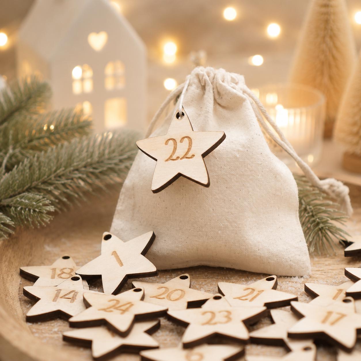 Adventskalender Zahlen aus Holz im Set - Stern Anhänger 1 bis 24 - DIY Adventskalender - Advent Weihnachten